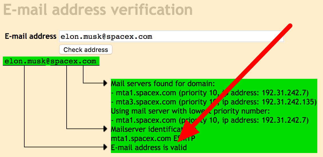 Captura de tela do Mailtester verificando um endereço de email