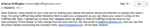 Email from Arianna Huffington about writing for Thrive Global