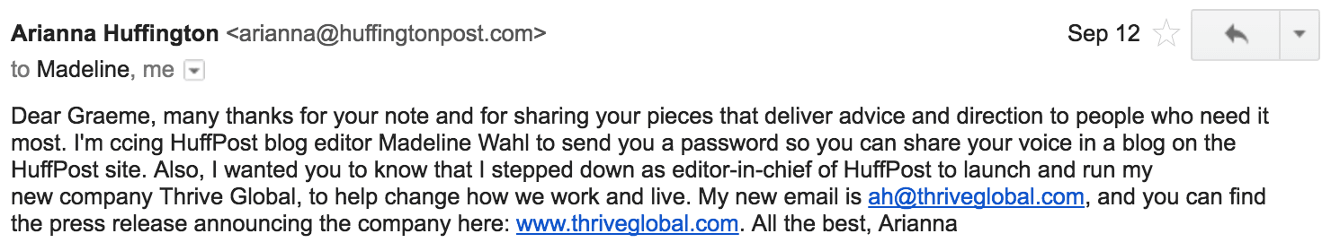 Email from Arianna Huffington about writing for Thrive Global