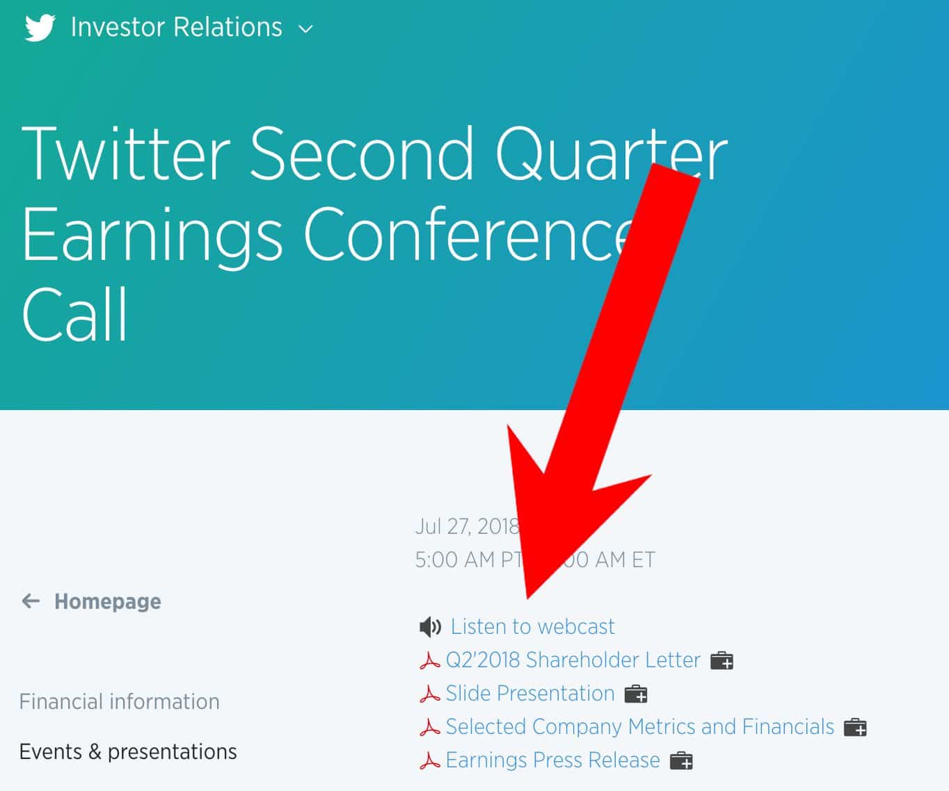 Screenshot from Twitter's Investor Relations Site For Letter of Interest Company Research