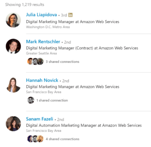 Screenshot of LinkedIn results for Digital Marketing Manager Amazon Web Services search query
