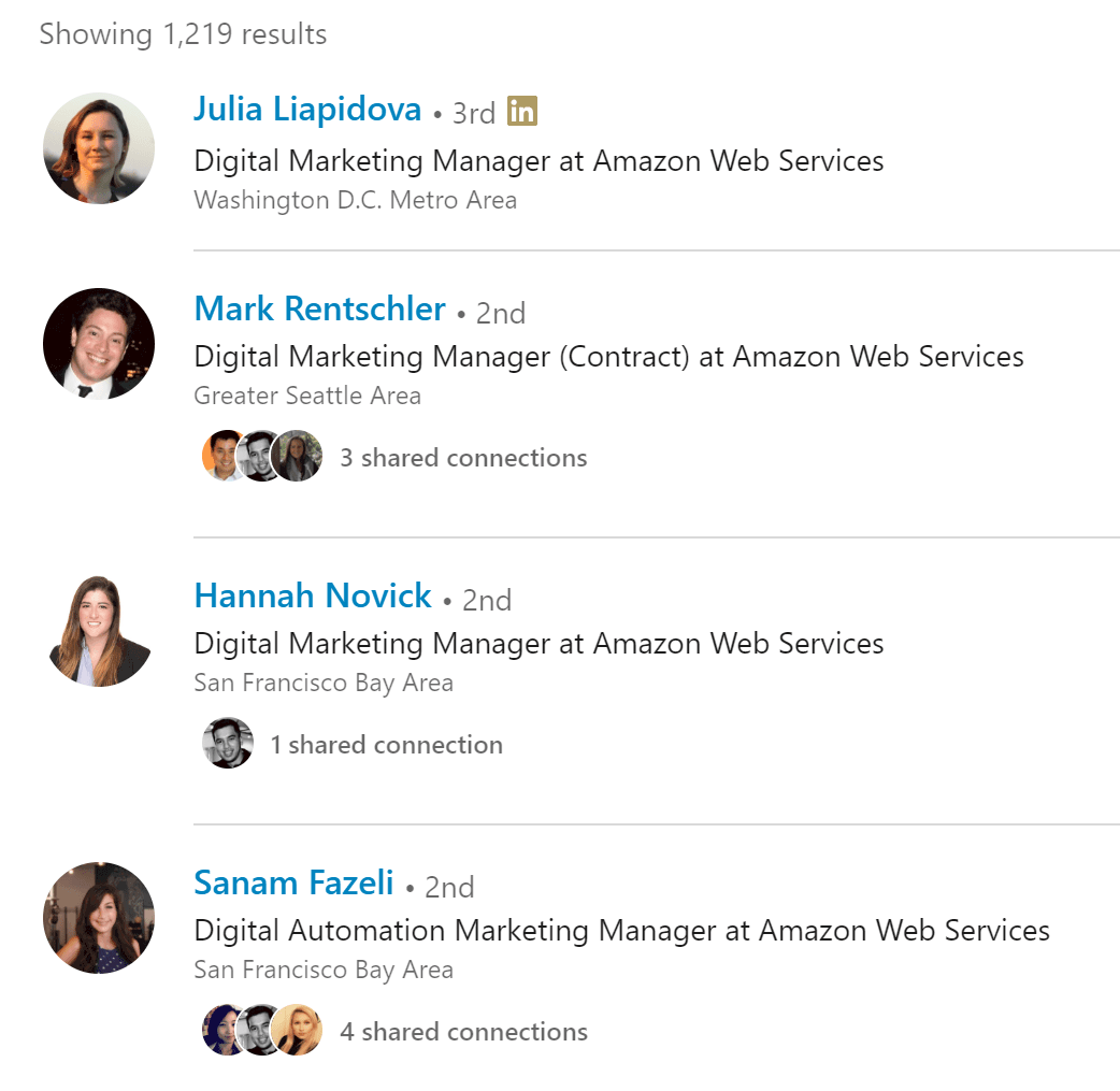 Screenshot of LinkedIn results when finding contacts for a letter of interest