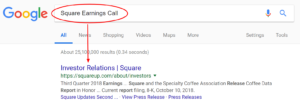 Screenshot of Google Search For Square Investor Relations