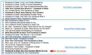 25 headline brainstorm for an article titled The Death of Facebook