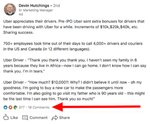 Example of LinkedIn post with traction and engagement