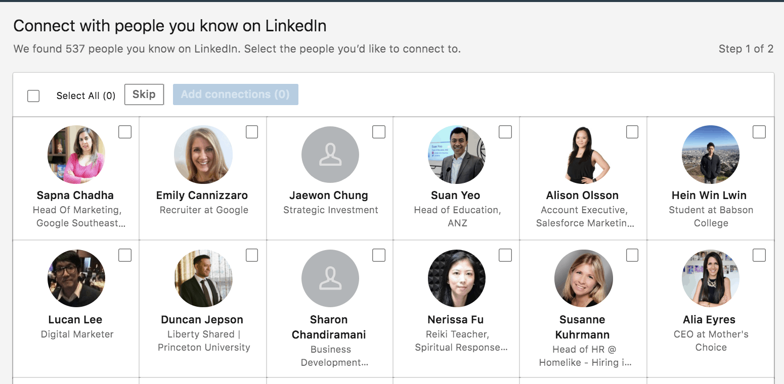 Example of LinkedIn recommended connections screen