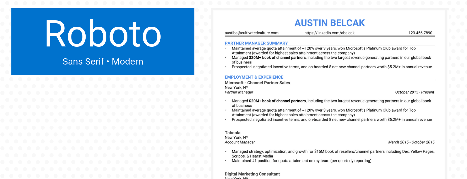 Example of Roboto Font For Resume