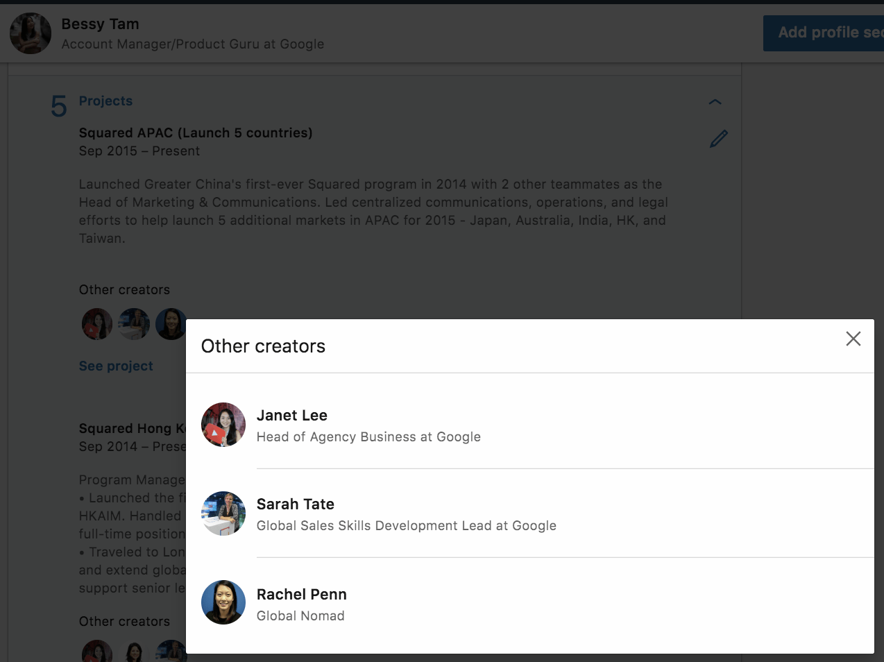 Example of adding project members on LinkedIn