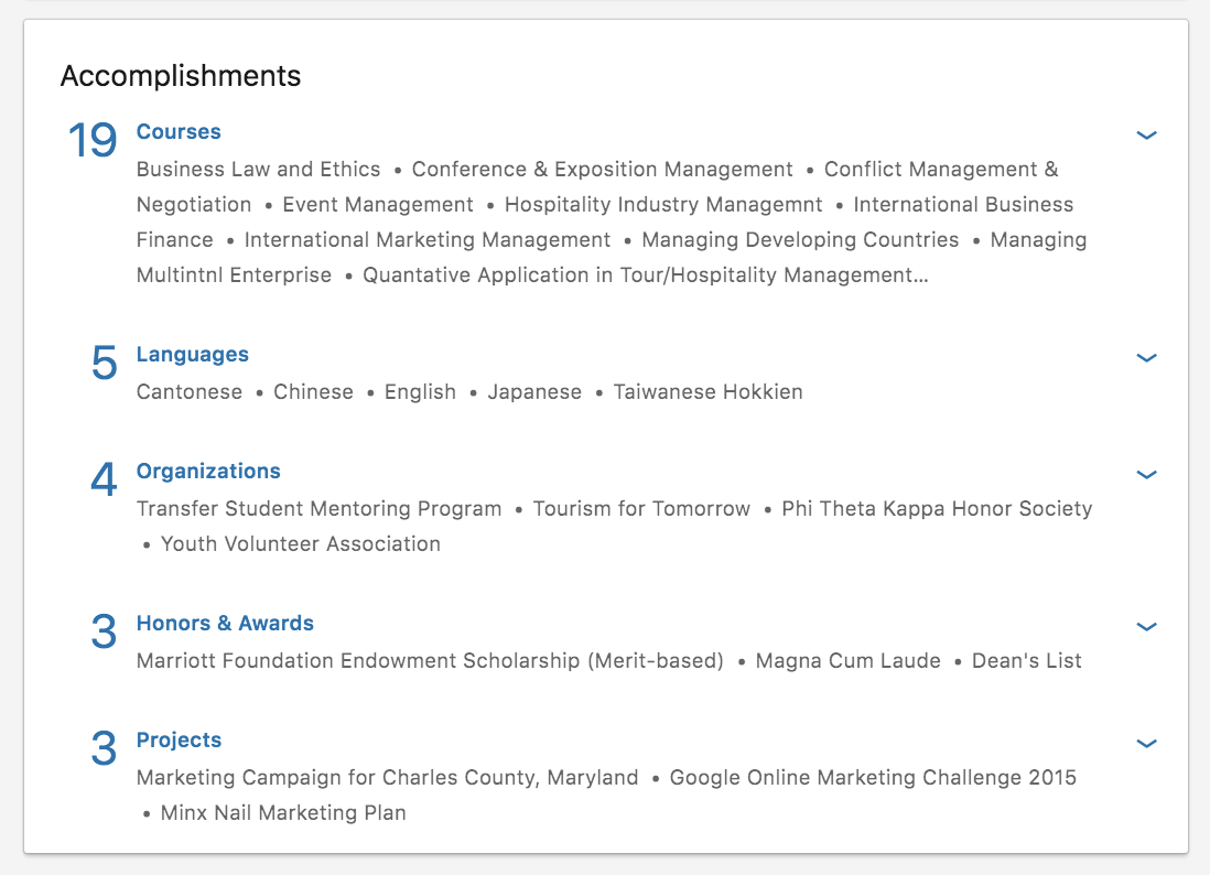 Screenshot of Accomplishments Section