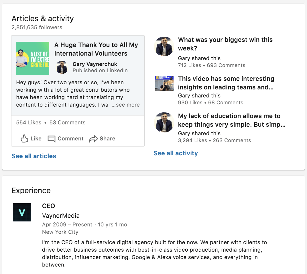 Screenshot of Gary Vaynerchuck LinkedIn articles