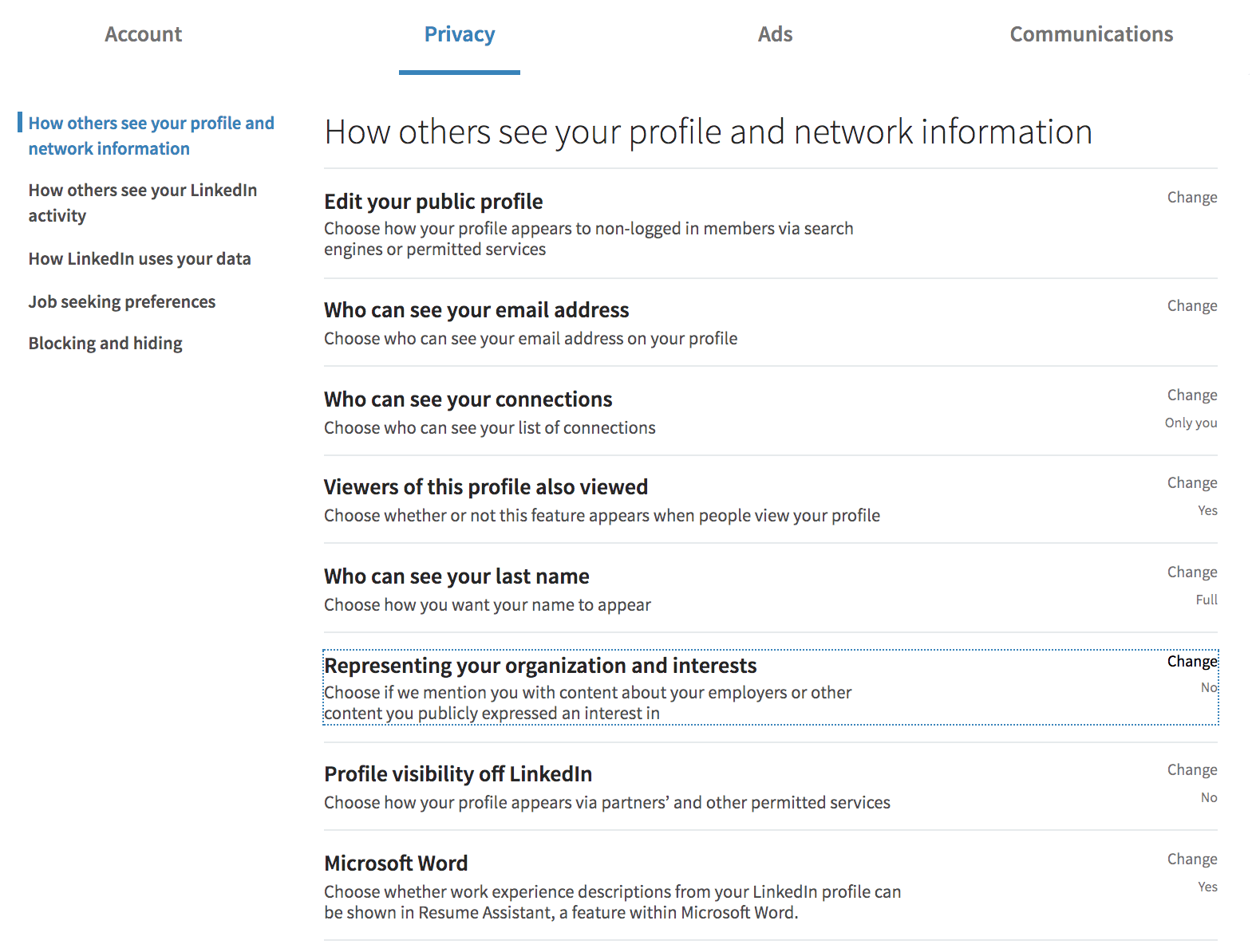 Screenshot of LinkedIn Privacy settings