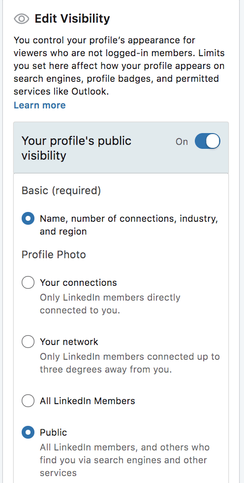 Screenshot of LinkedIn profile visibility
