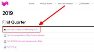 Screenshot of Lyft's investor relations page with quarterly earnings calls