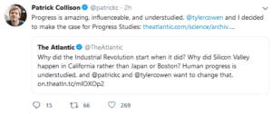 Screenshot of a tweet from Stripe founder Patrick Collinson