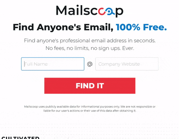 Mailscoop email finder tool locating an email address