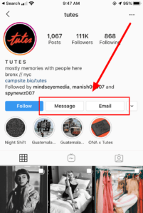 Screenshot of Message and Email features on Instagram Profile
