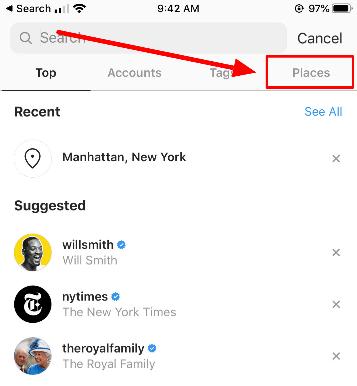 Screenshot of Places search feature on Instagram