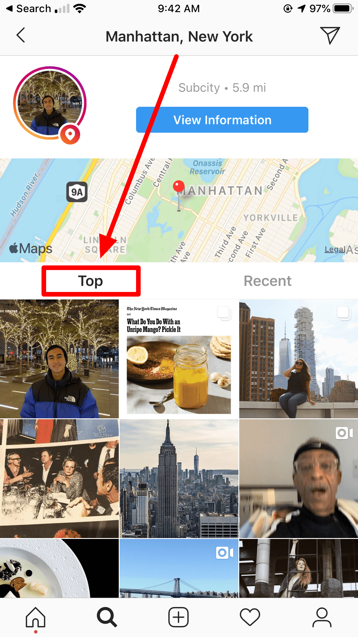 Screenshot of top pictures in Location on Instagram