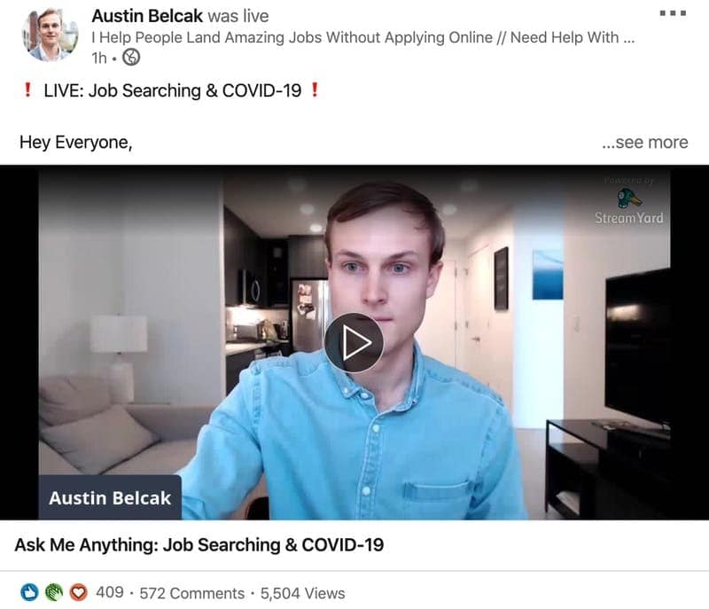 Austin Belcak COVID-19 LinkedIn Live
