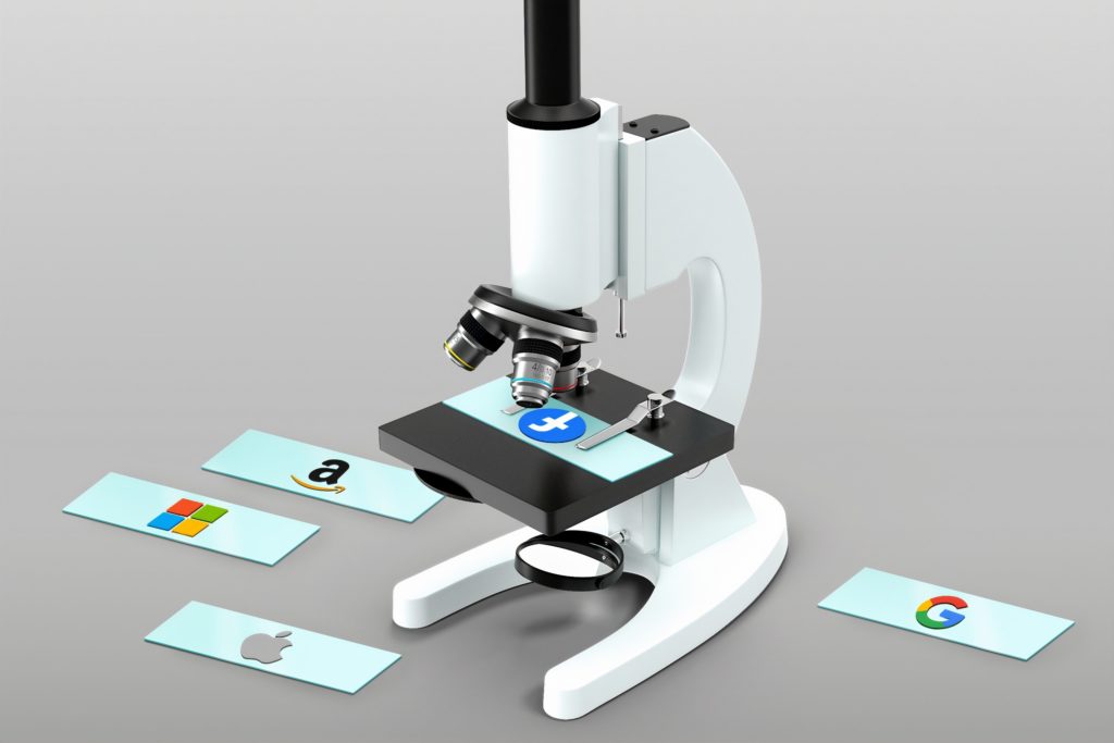 a microscope inspecting slides that have images of faang companies who offer visa sponsorships