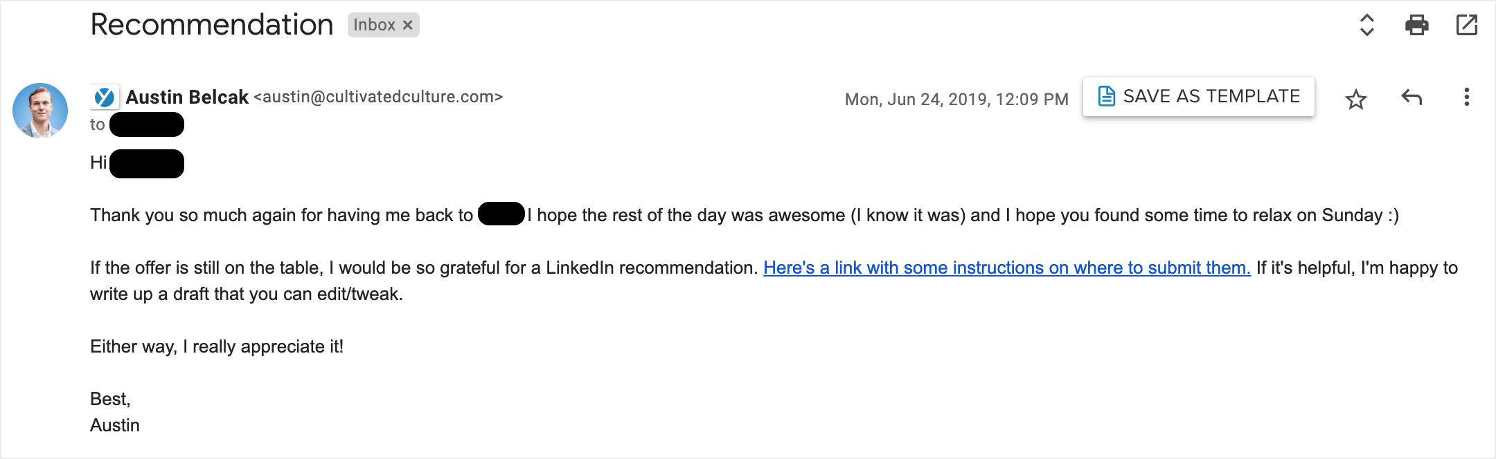 Example of Request For LinkedIn Recommendation