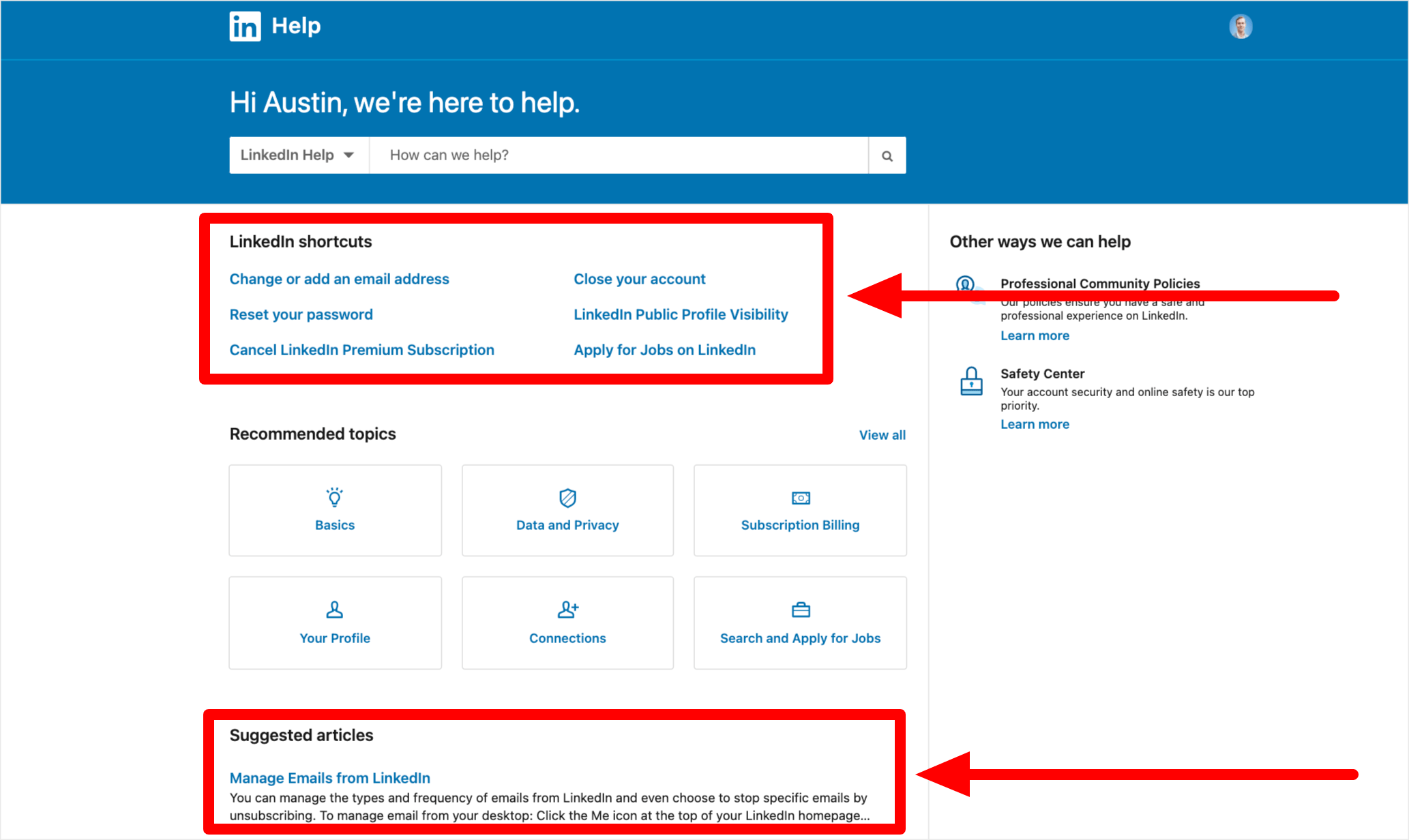 How To Select A Support Article To Access LinkedIn's Contact Support Link