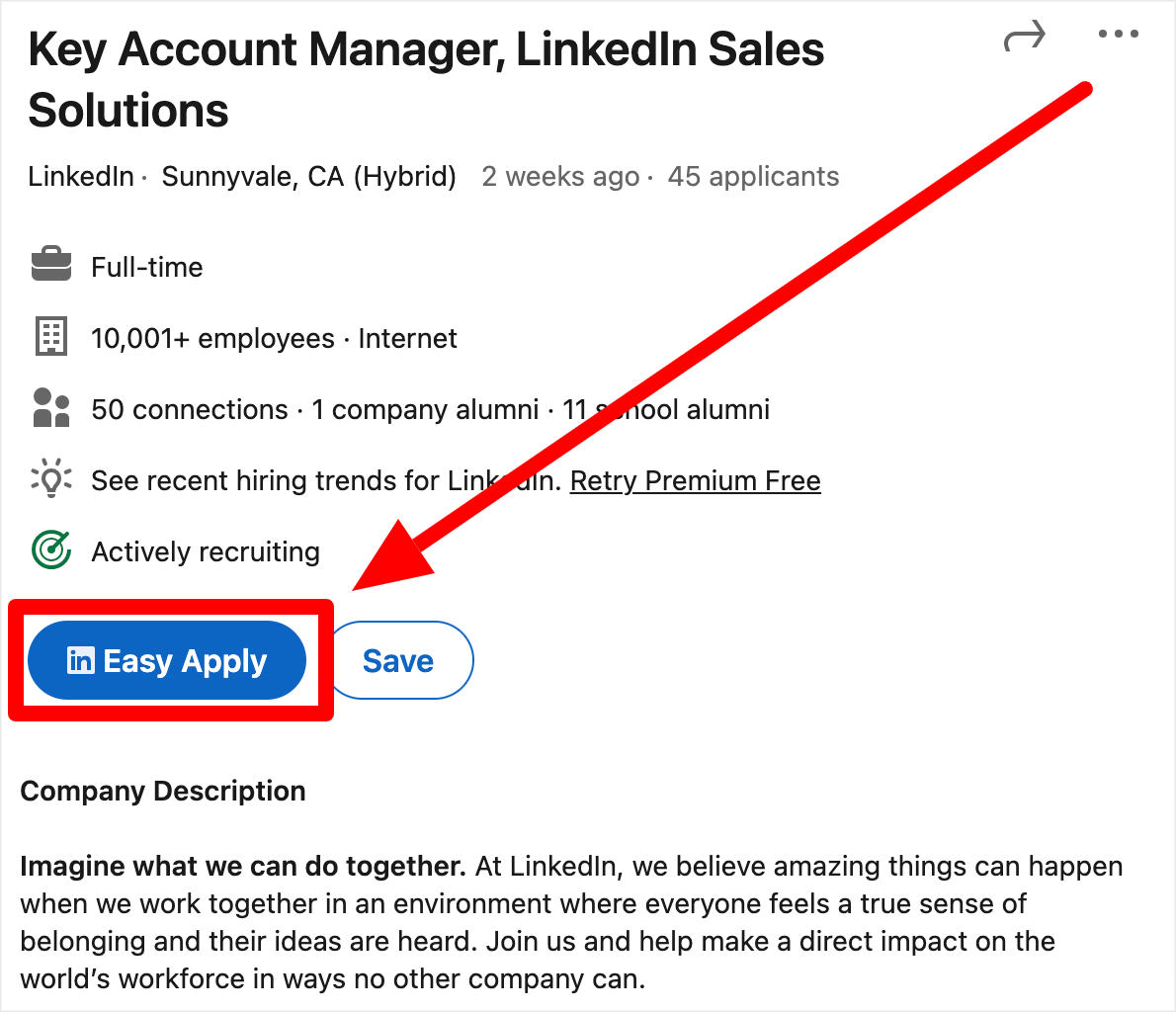 Locating The LinkedIn Easy Apply Button on a Job Listing