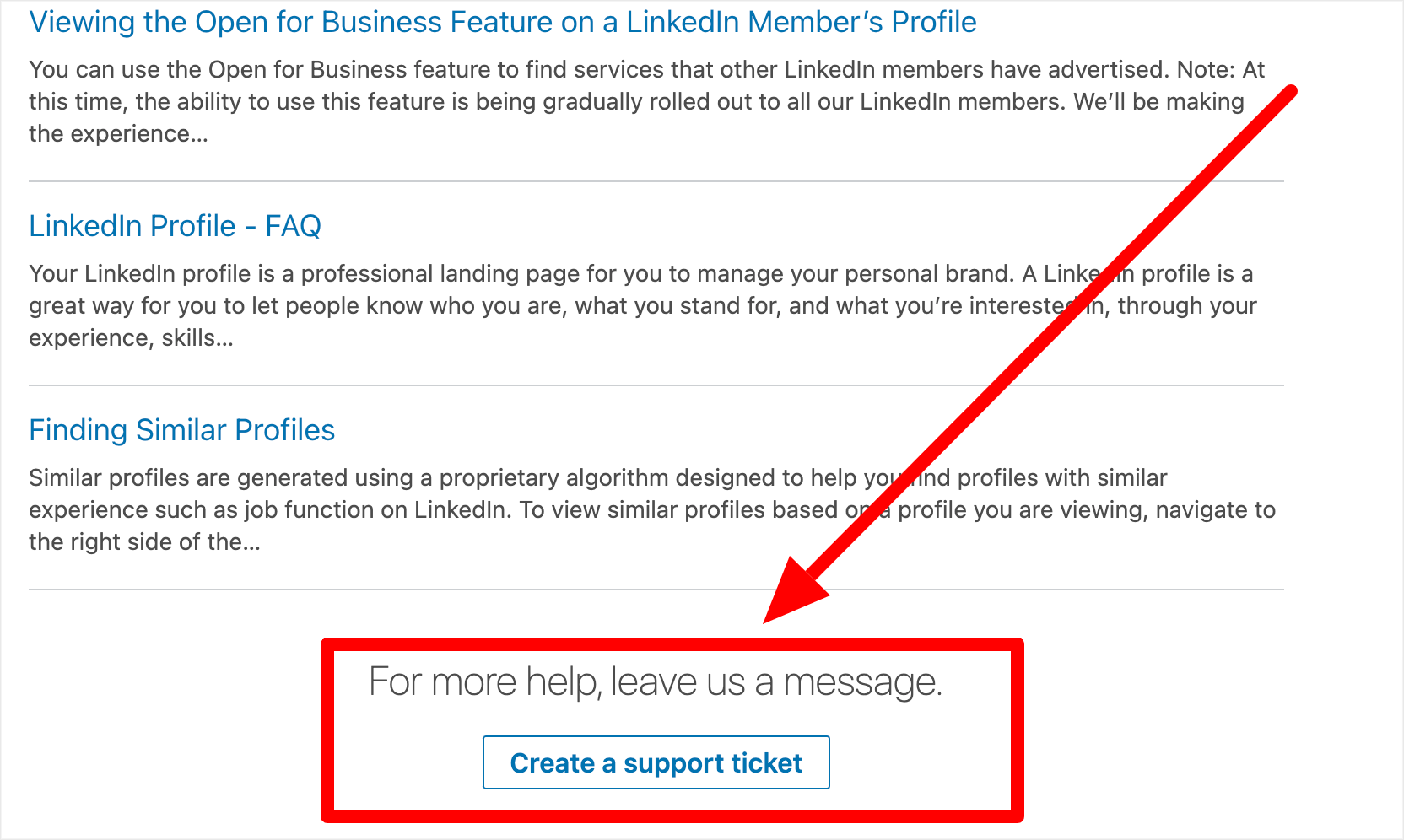 Location Of The Create A Support Ticket Button on LinkedIn