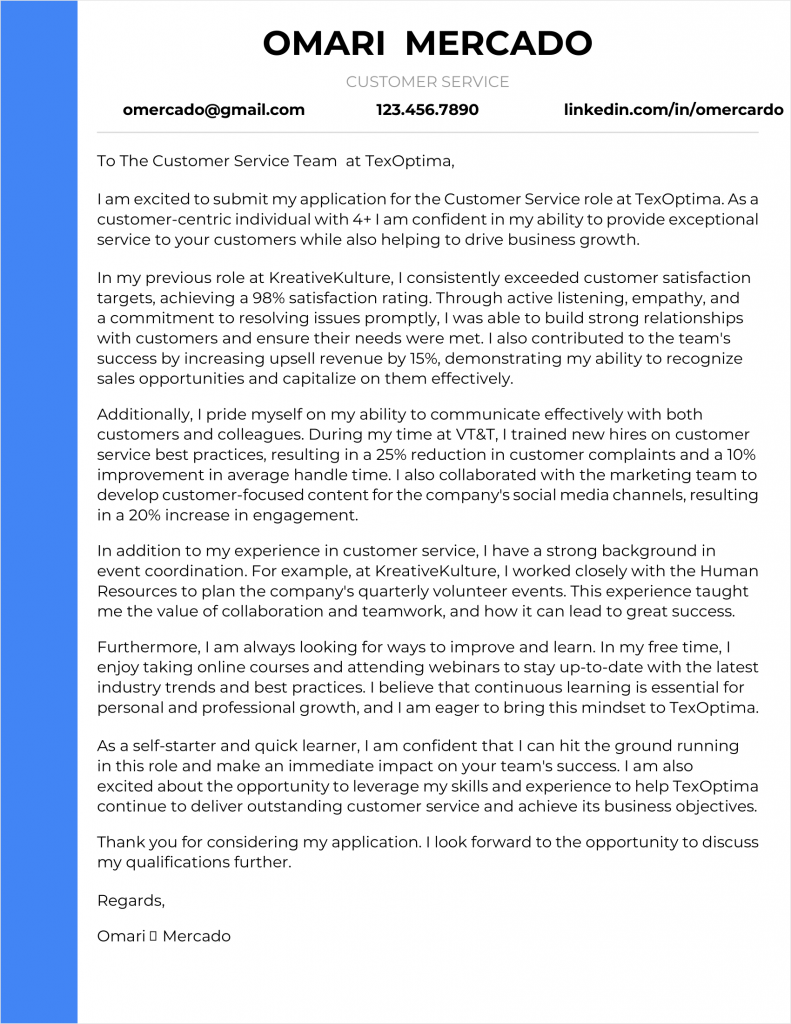 Customer Service Cover Letter Examples For 2023 20 Skills Templates   Customer Service Cover Letter Example 1 791x1024 