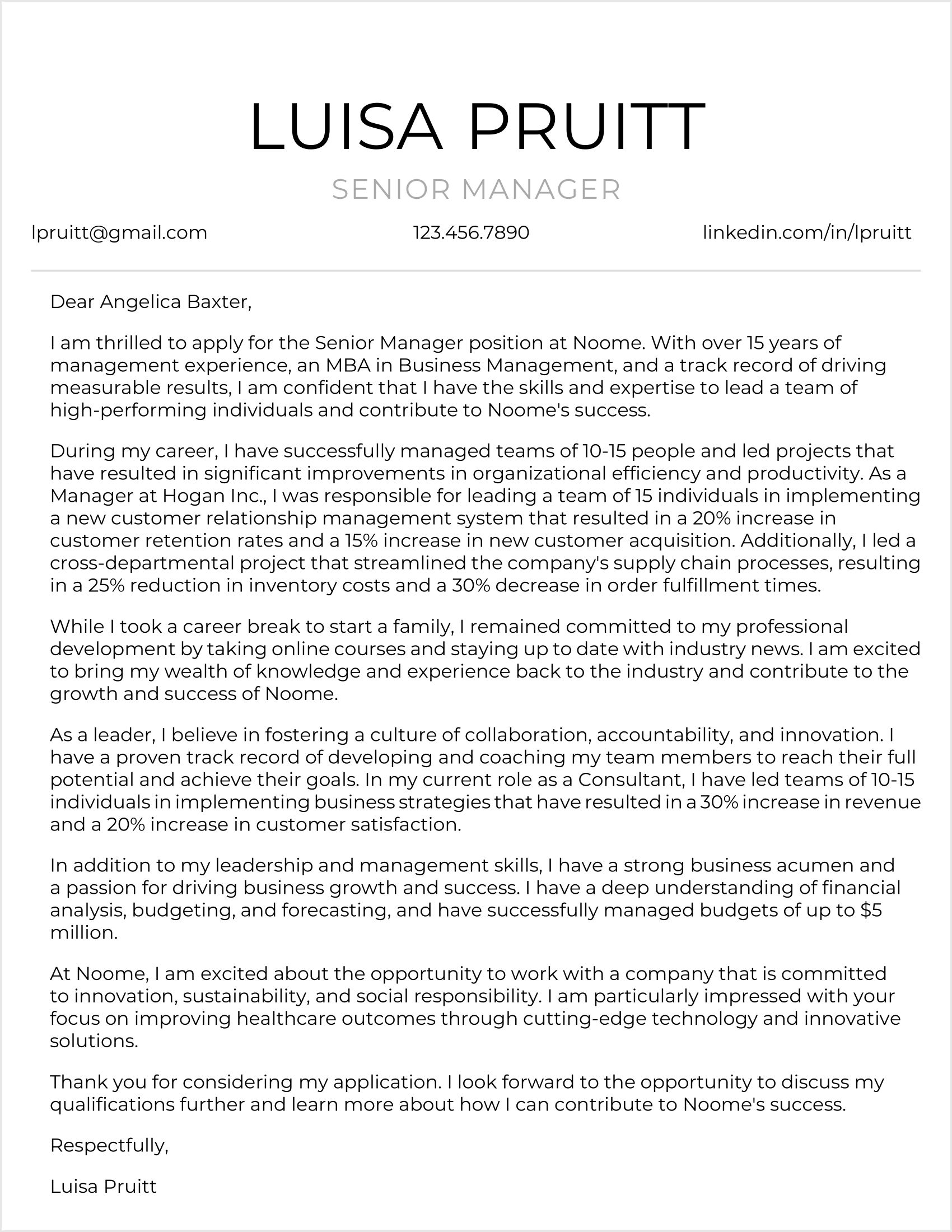 team manager cover letter