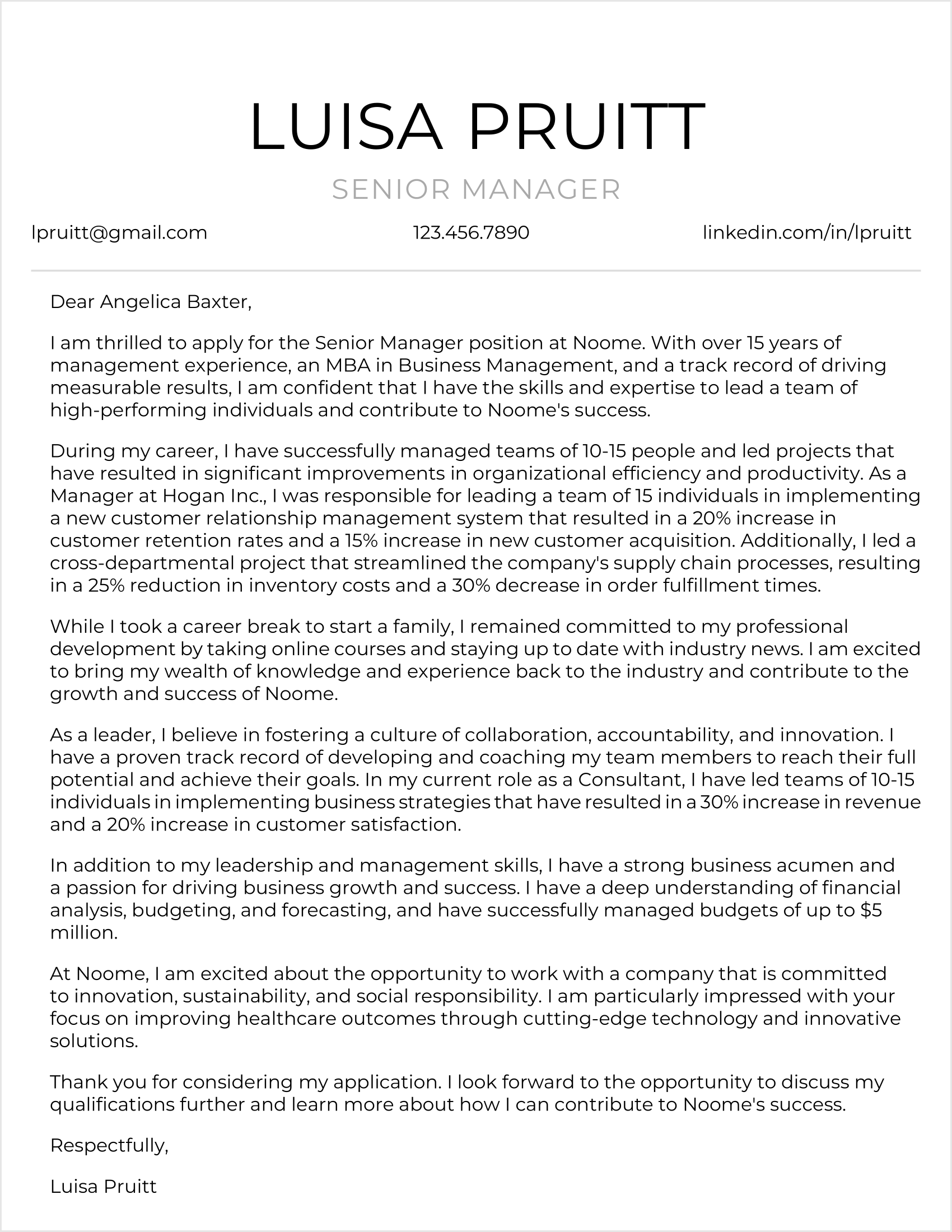 cover letter for top management position