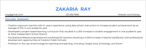 Teacher Resume Summary Example