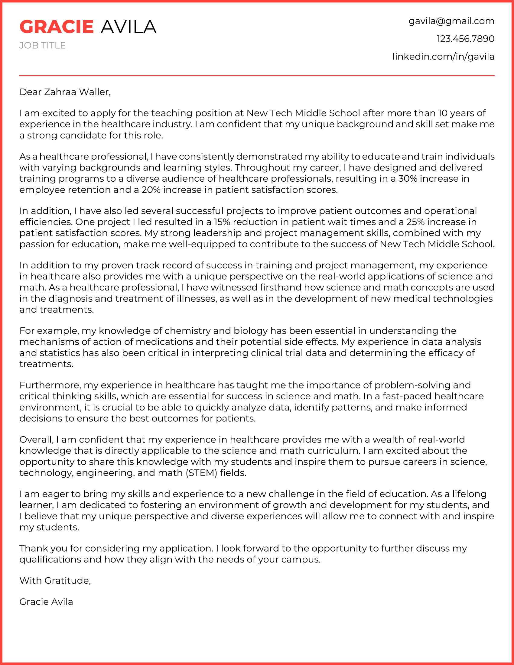 teacher cover letter with no experience