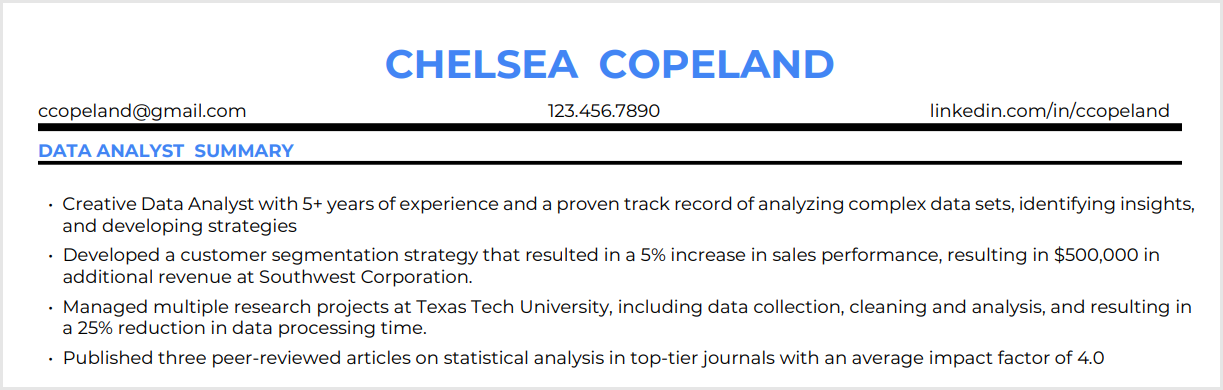 Data Analyst Resume Summary Example