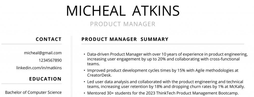 Product Manager Resume Summary Example 1