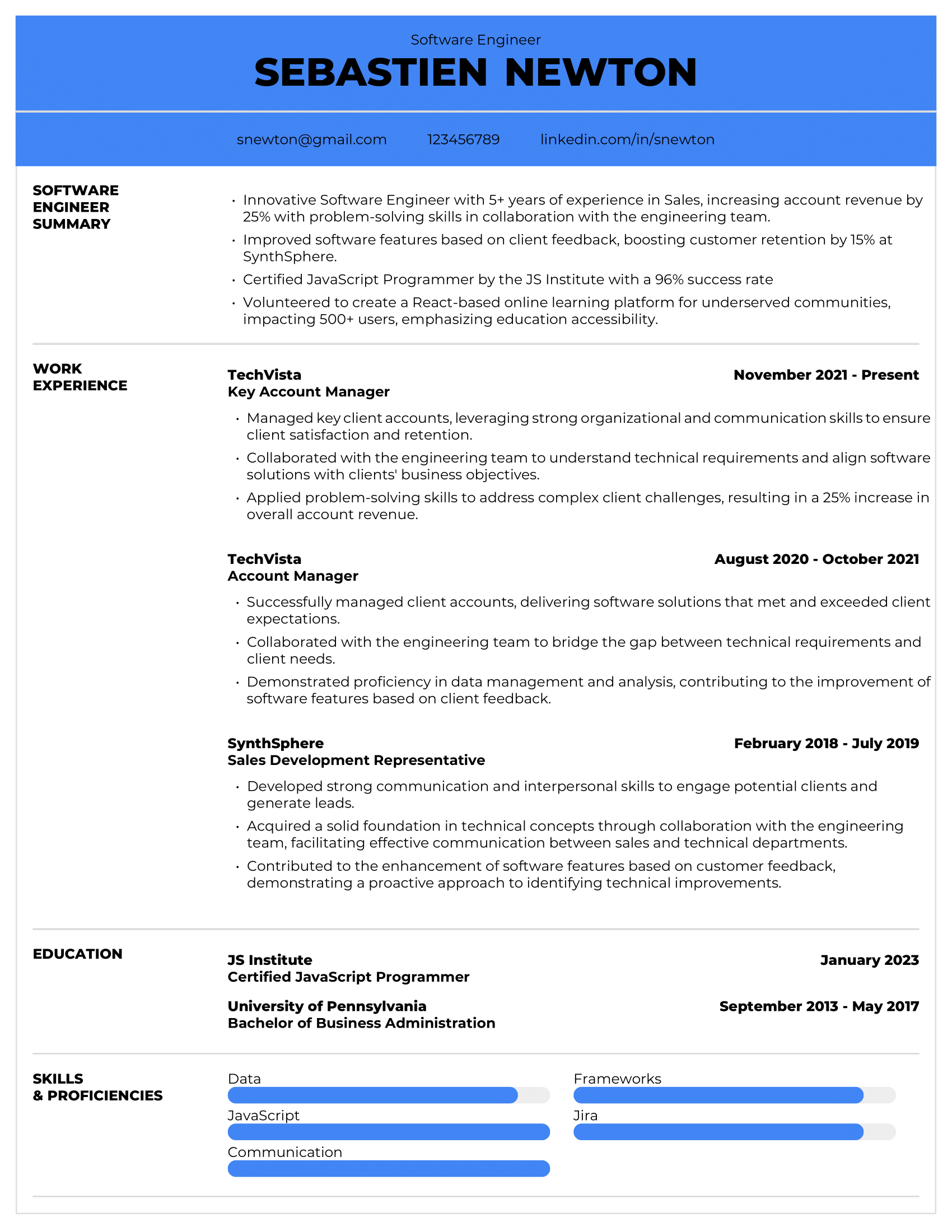 Software Engineer Resume Example #2 - Non-Traditional