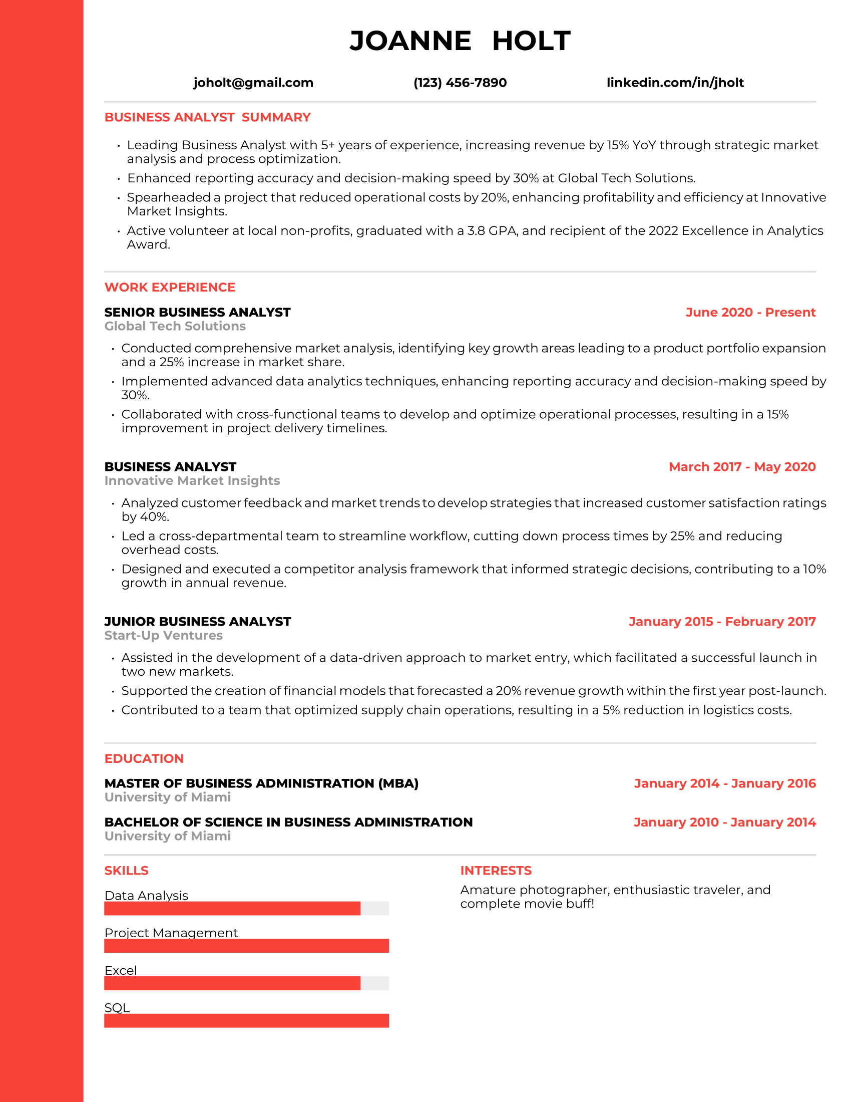 Business Analyst Resume Example #1 - Traditional