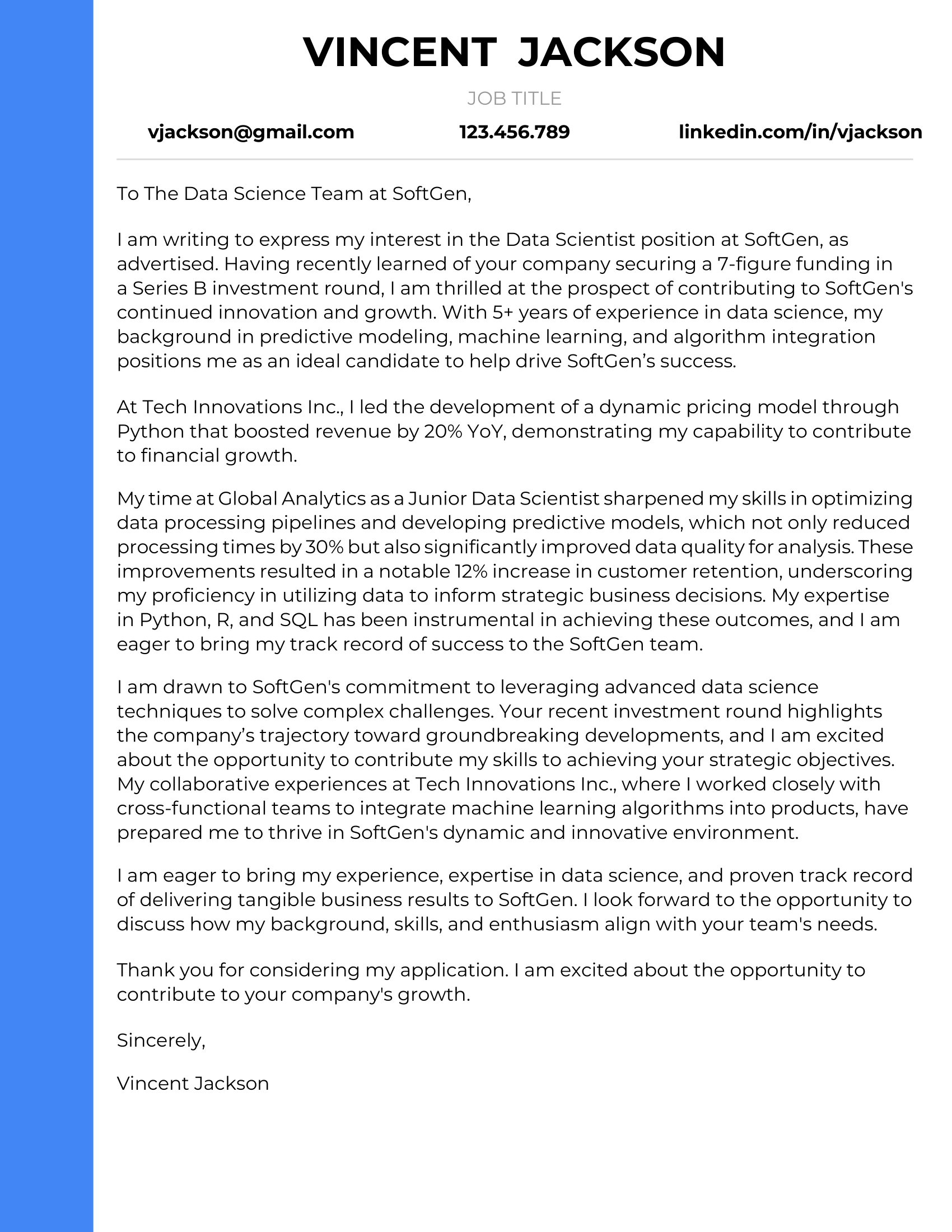 Data Scientist Cover Letter Example #1 - Traditional