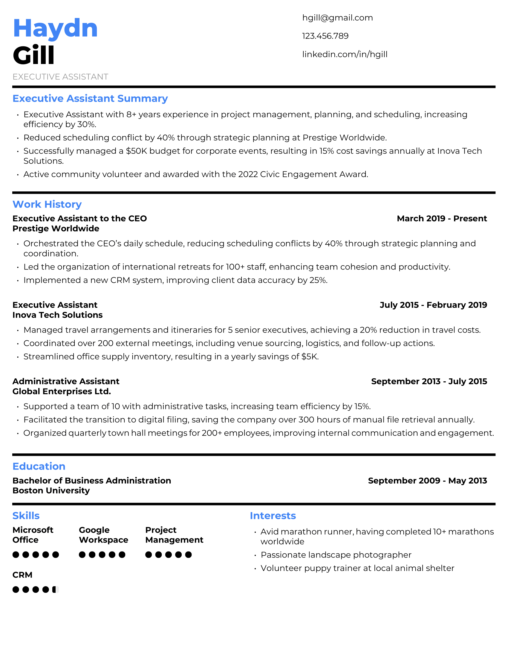 Executive Assistant Resume Example #1 - Traditional