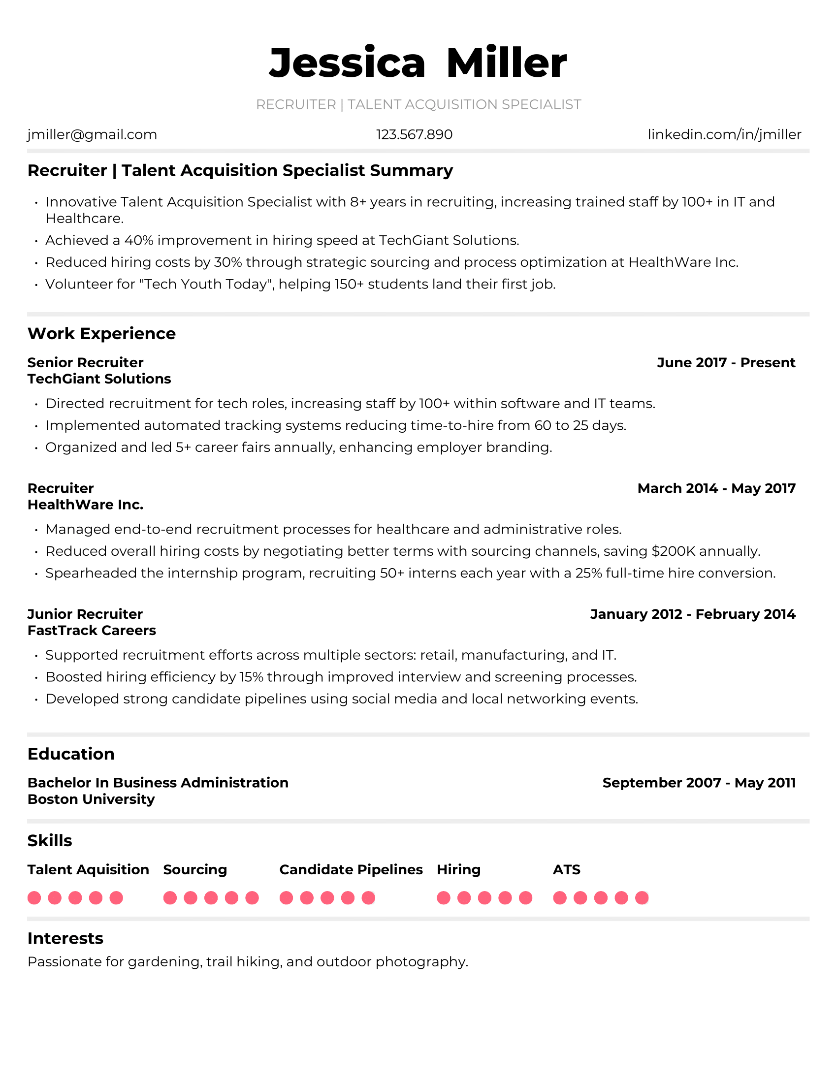 Recruiter Resume Example #1 - Traditional Background