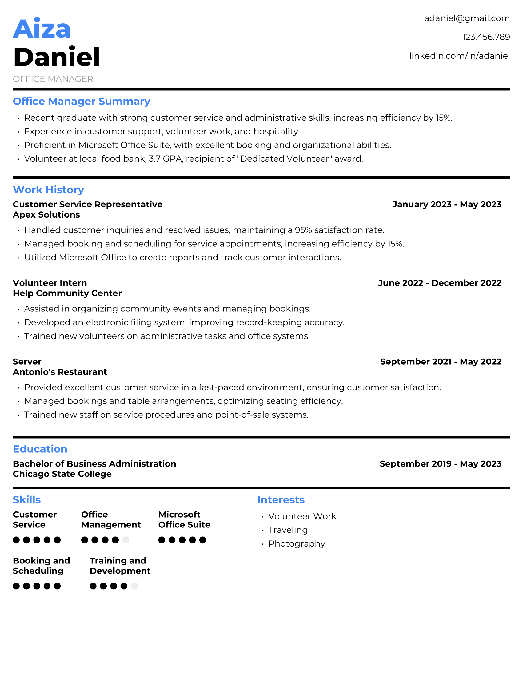 Office Manager Resume Example #3 - No Experience