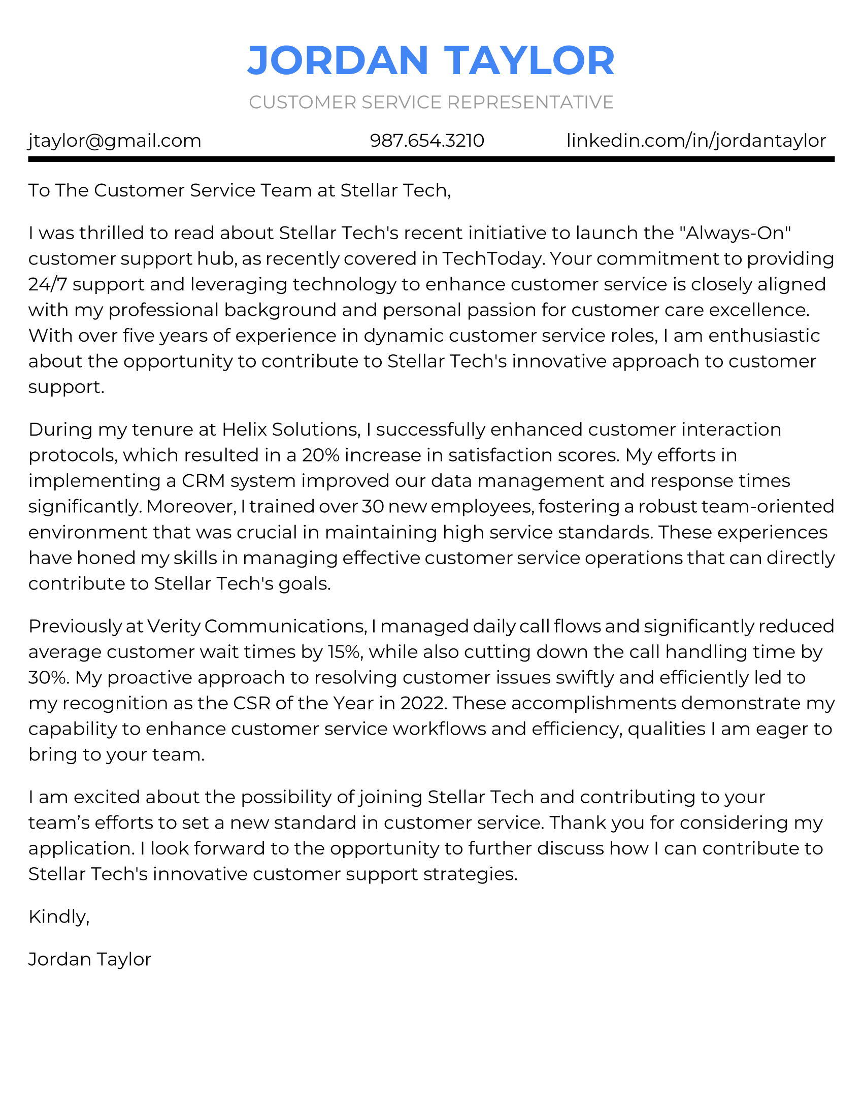 Customer Service Representative Cover Letter Example #1 - Traditional Background