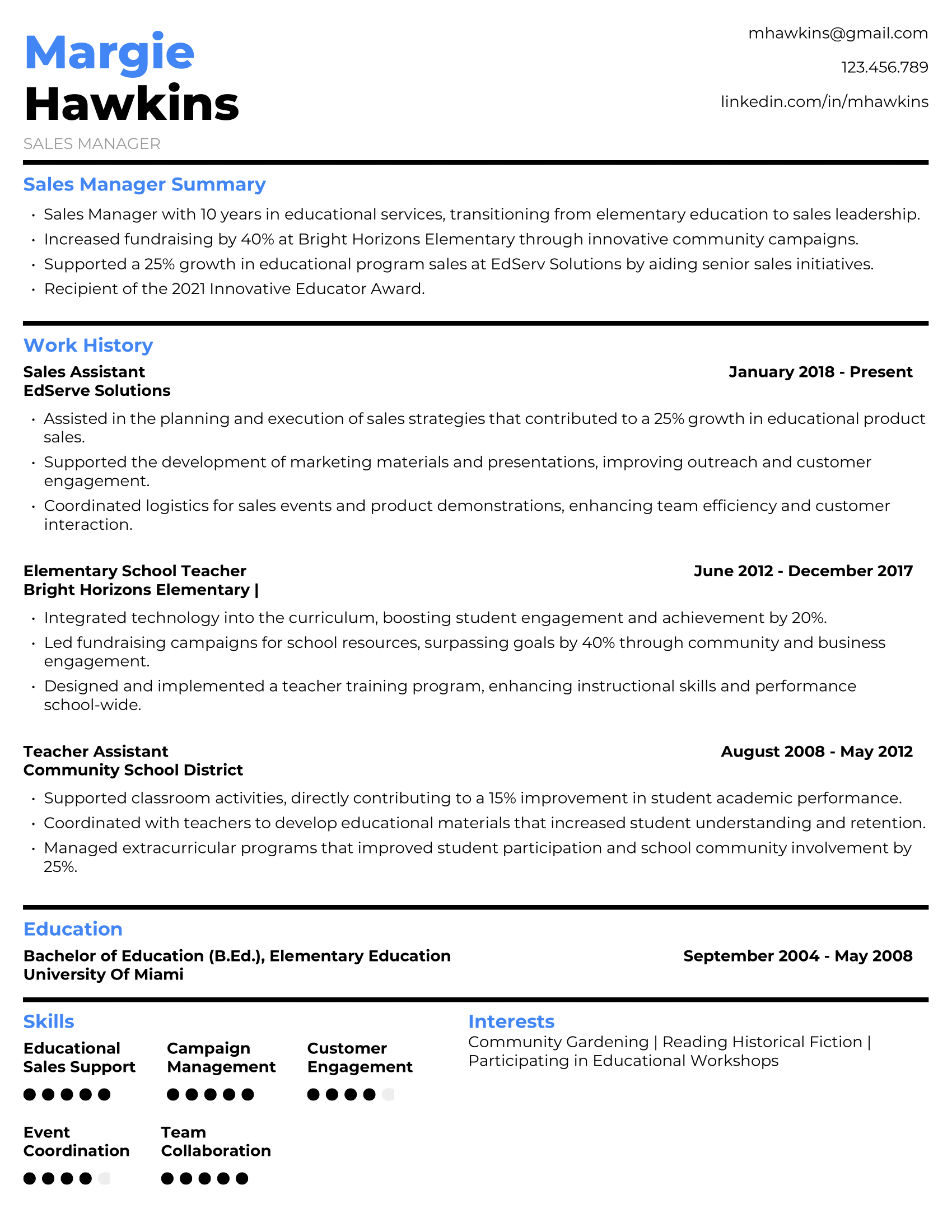 Sales Manager Resume Example #2 - Non-Traditional Background