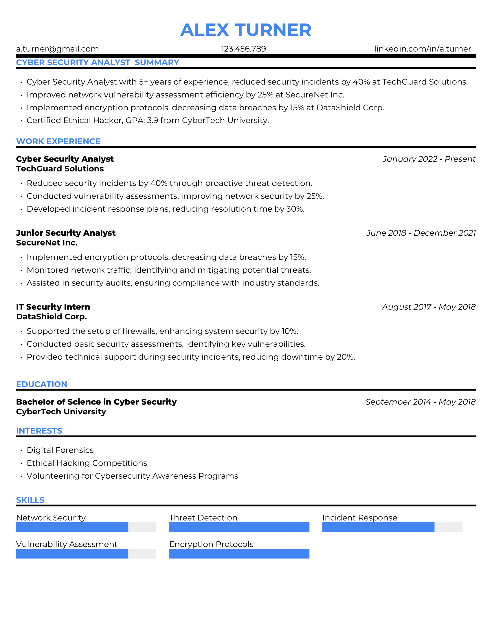 Cyber Security Analyst Resume Example #1 - Traditional Background