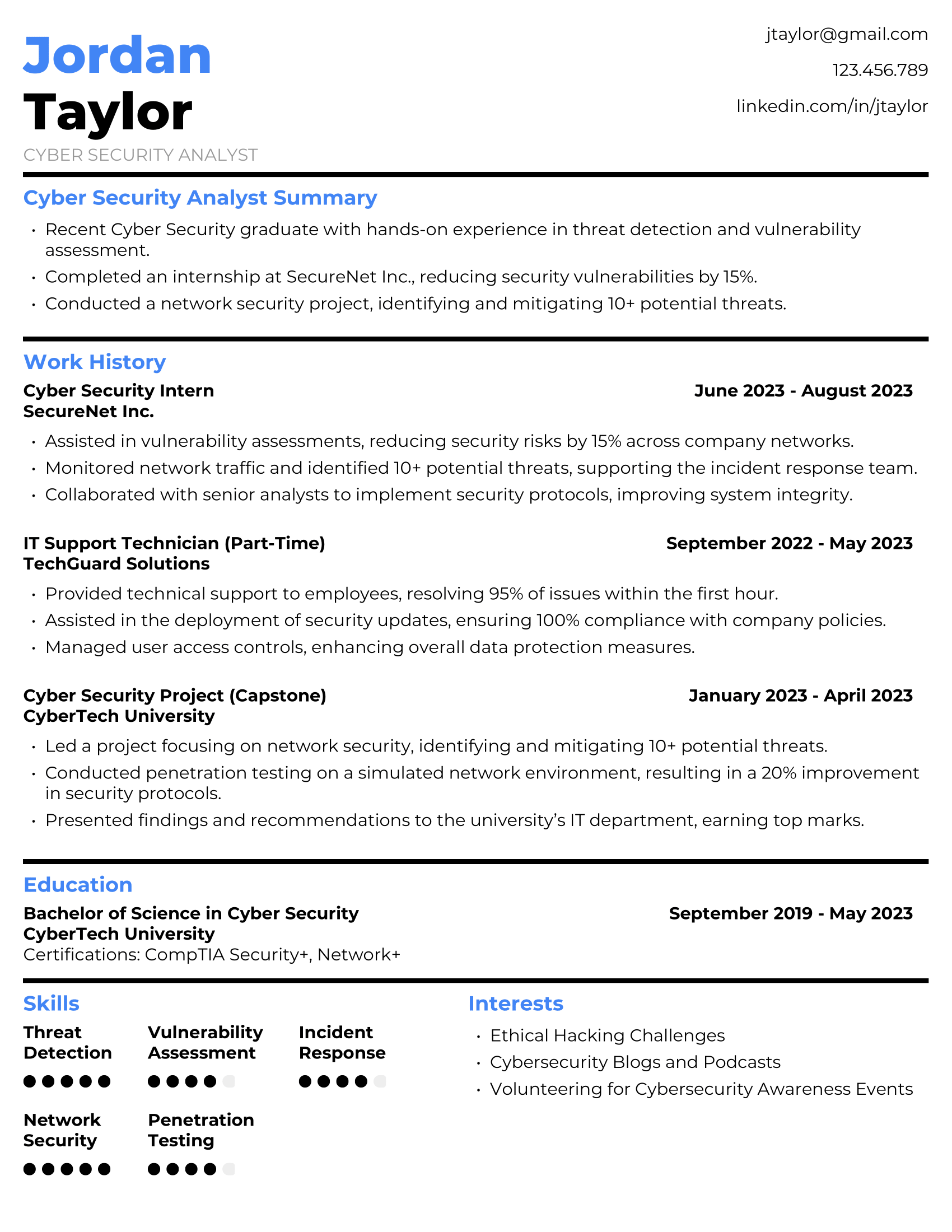 Cyber Security Analyst Resume Example #3 - Entry-Level