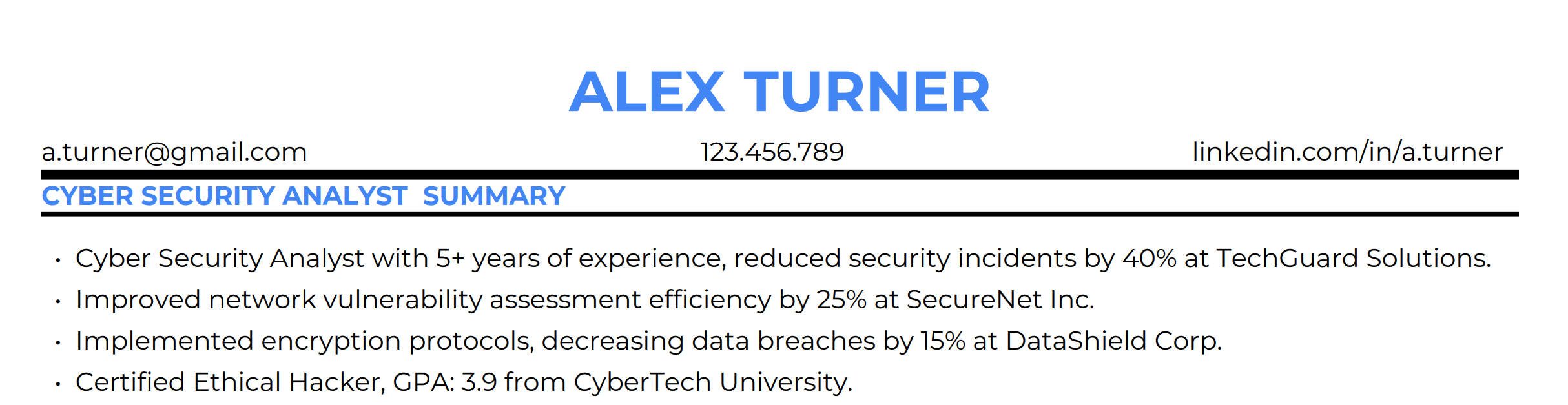 Cyber Security Analyst Resume Summary #1