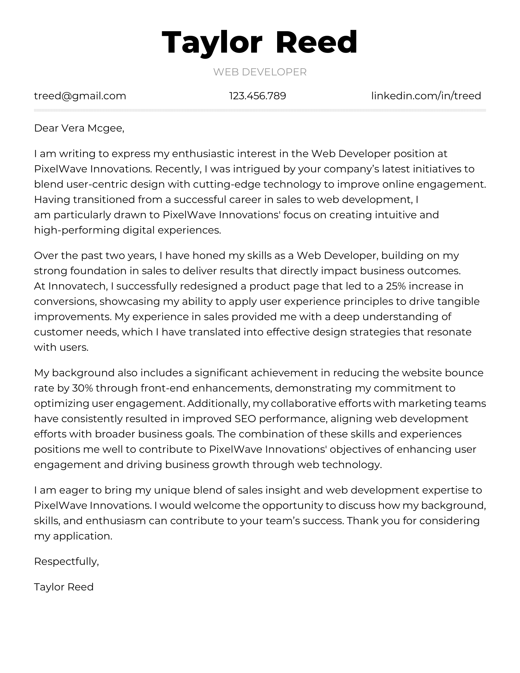 Web Developer Cover Letter Example #2 - Non-Traditional Background