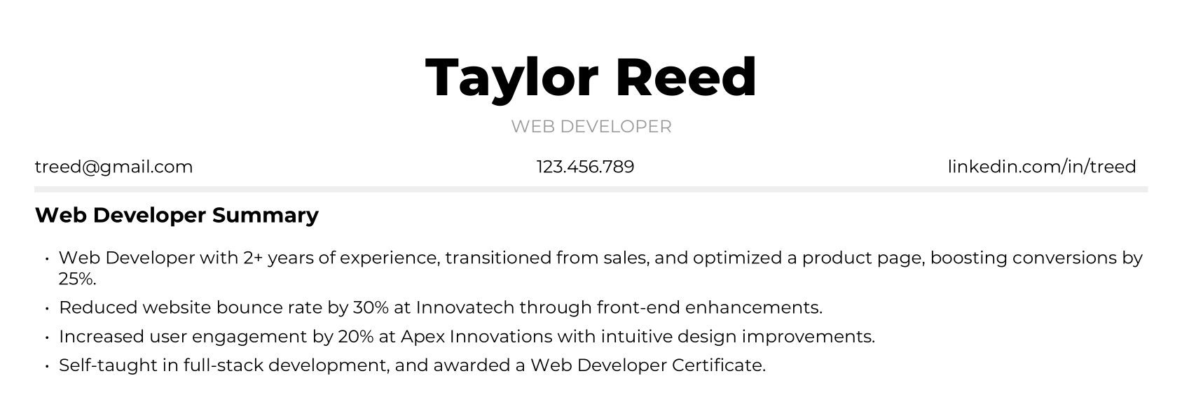 Web Developer Resume Summary Example #2