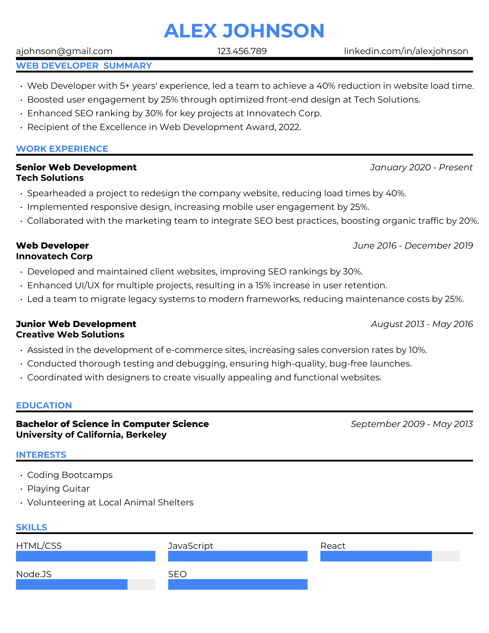 Web Development Resume Example #1 - Traditional Background